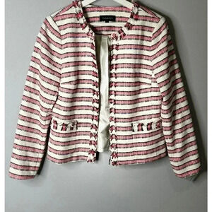 Talbots Multi Color Tweed Embroidered Fringe Trim Blazer Jacket Size 8